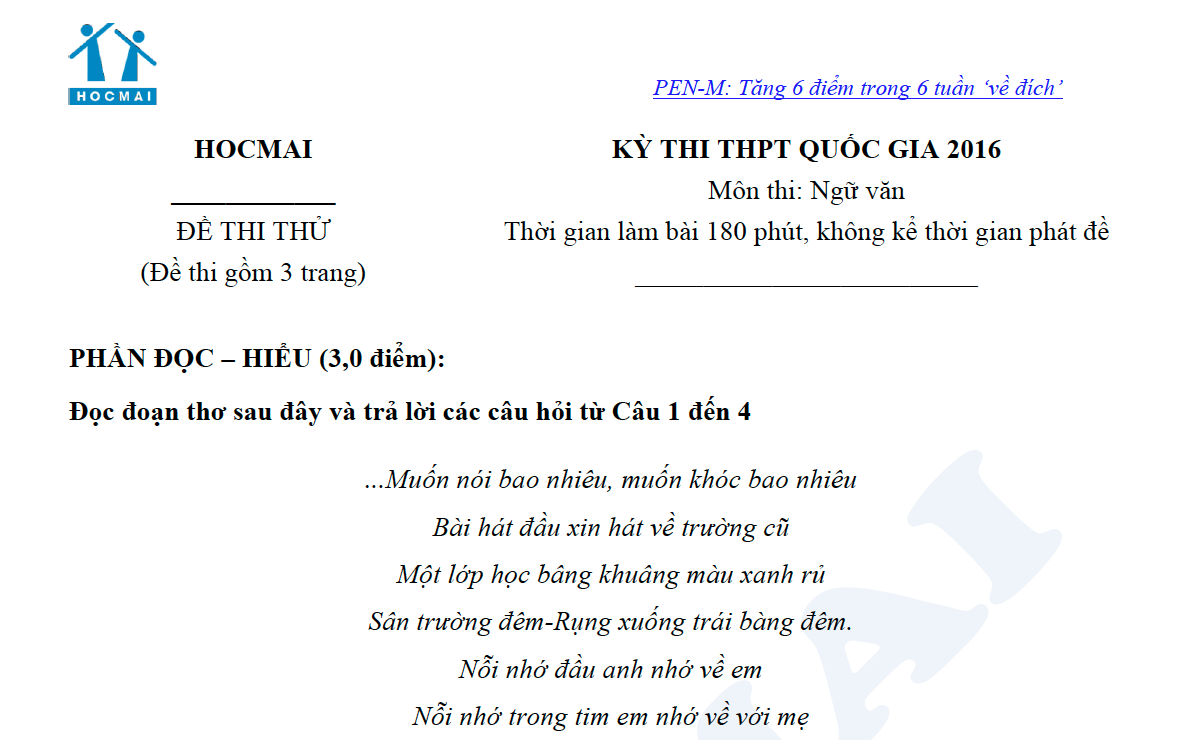 Đề thi mẫu môn Ngữ Văn năm 2016