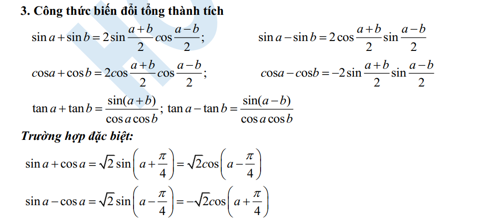 Công thức lượng giác cho Teen 2k1 về phần đại số lớp 11